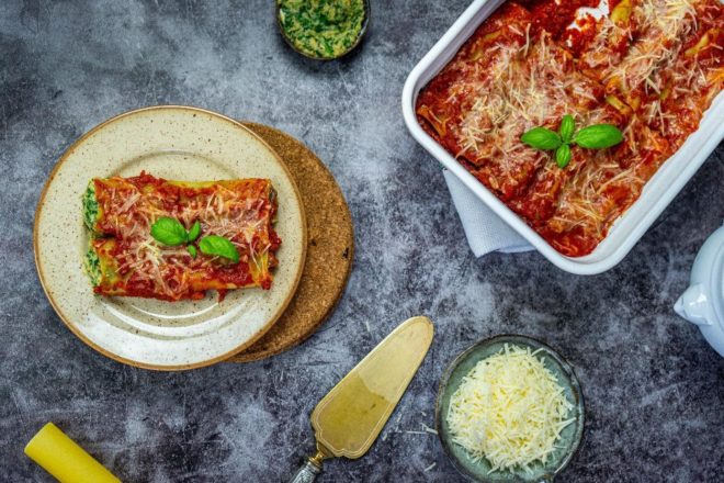 Cannellonis à la ricotta de pois-chiches et aux épinards