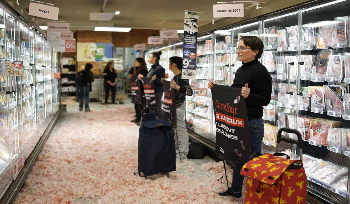 Action inédite : L214 déverse des plumes ensanglantées dans un Carrefour